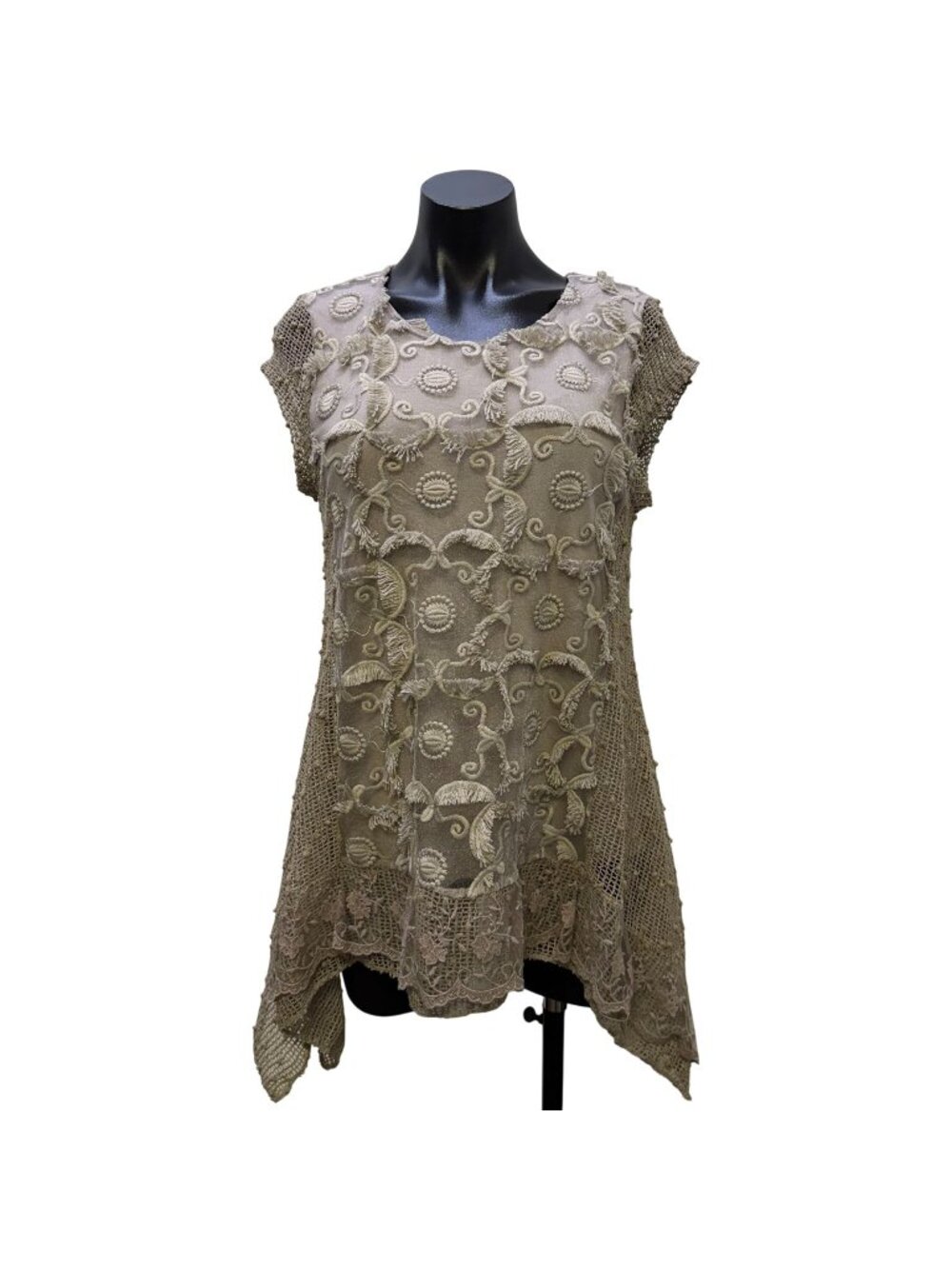 Tempo Paris Beige Textured Embroidered Blouse Tunic Top M